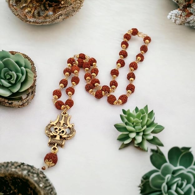 🕉️ Gold Plated Rudraksha OM Shiva Trishool Necklace 📿