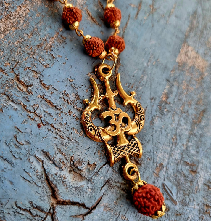🕉️ Gold Plated Rudraksha OM Shiva Trishool Necklace 📿