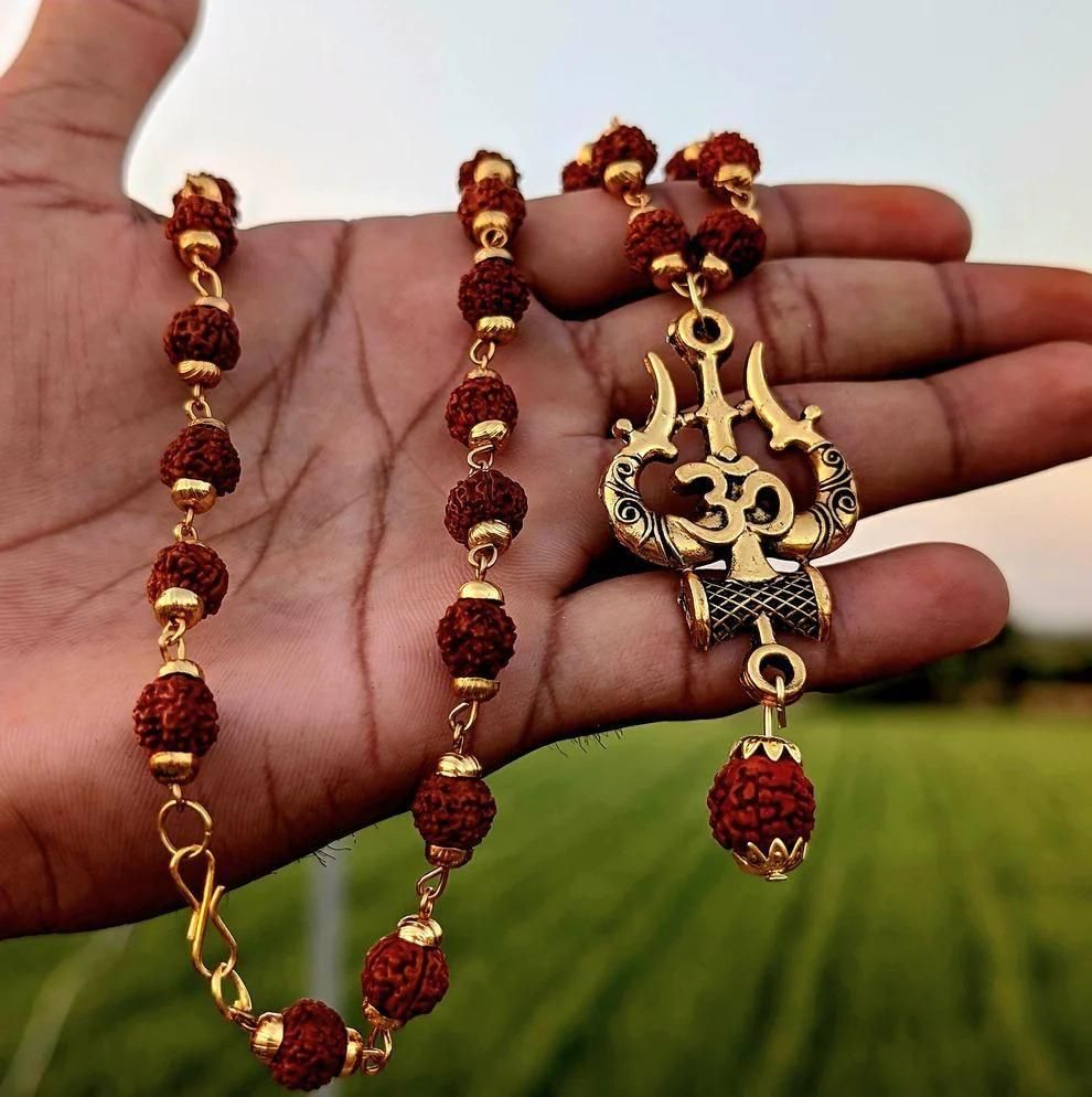 🕉️ Gold Plated Rudraksha OM Shiva Trishool Necklace 📿