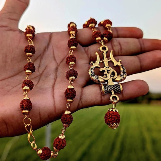 🕉️ Gold Plated Rudraksha OM Shiva Trishool Necklace 📿